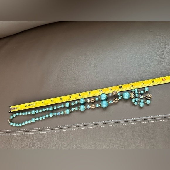 Vintage Necklace AB Crystals Faux Blue Pearls & Gold Beads With Tassel End 5389 - Picture 11 of 11